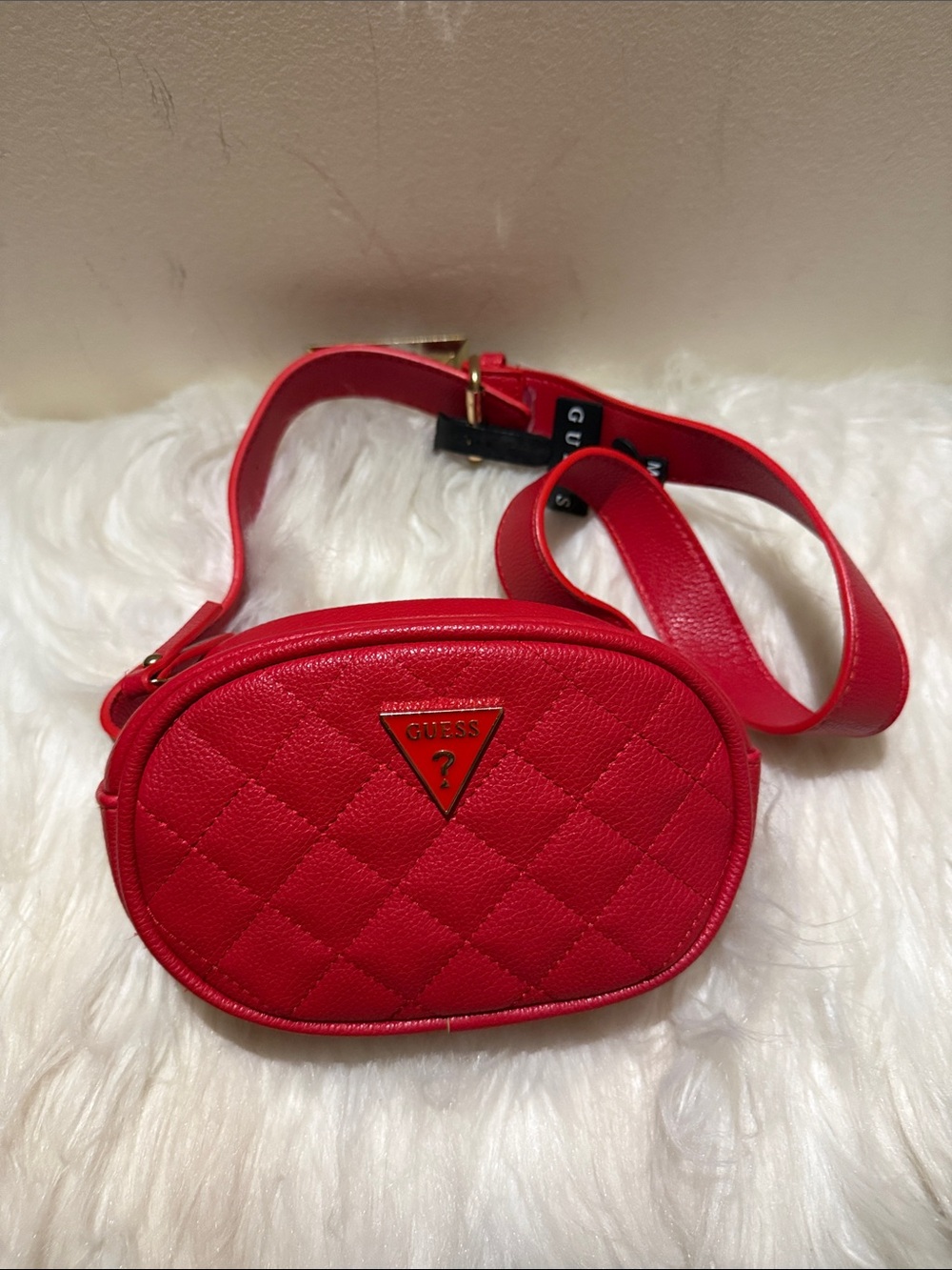 GUESS Red Quilted Oval Crossbody Belt Bag with Gold Logo